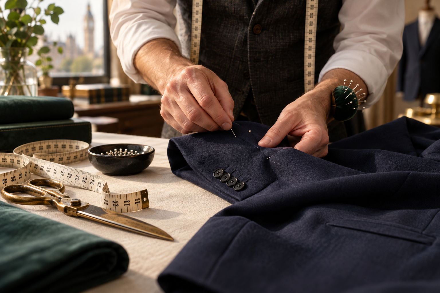 A tailor carefully altering the sleeve of a navy jacket